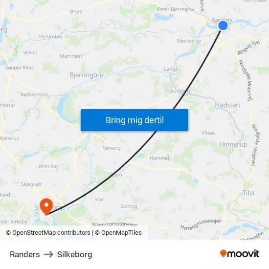 Randers to Silkeborg map