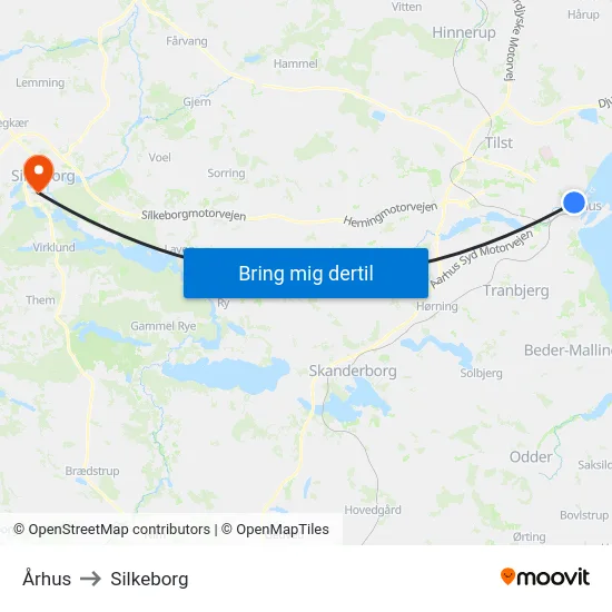Århus to Silkeborg map