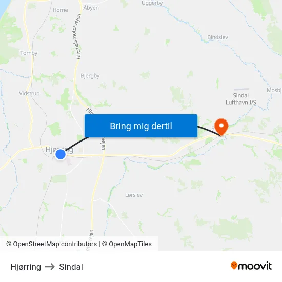 Hjørring to Sindal map