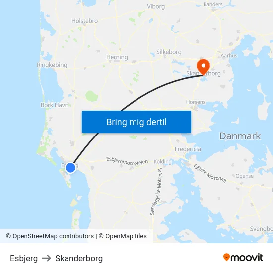 Esbjerg to Skanderborg map