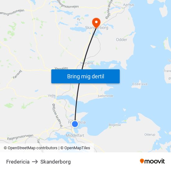 Fredericia to Skanderborg map
