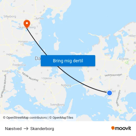 Næstved to Skanderborg map
