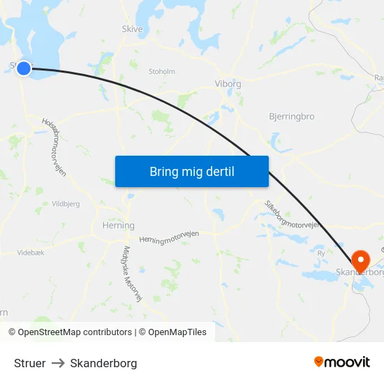 Struer to Skanderborg map