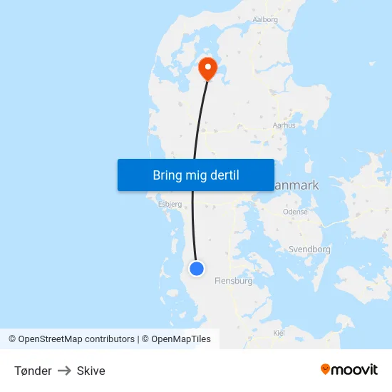 Tønder to Skive map