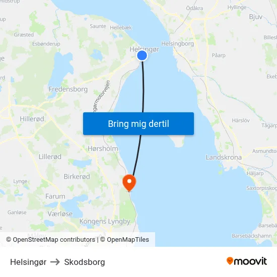 Helsingør to Skodsborg map