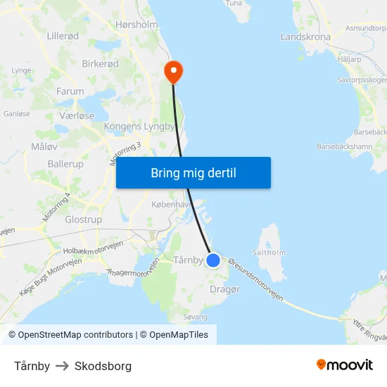 Tårnby to Skodsborg map