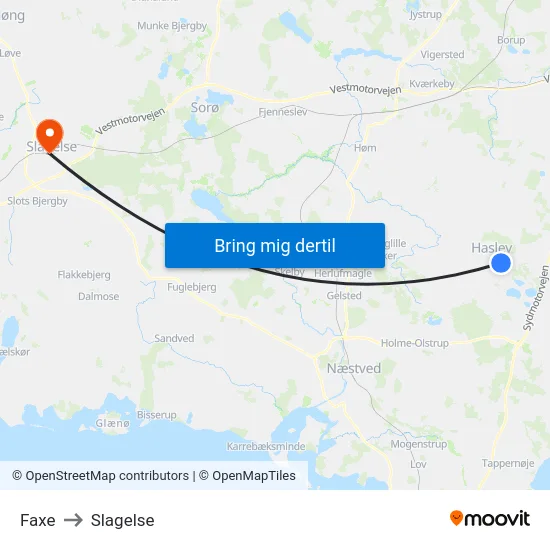 Faxe to Slagelse map