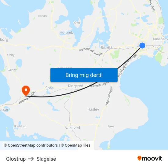Glostrup to Slagelse map