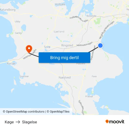 Køge to Slagelse map
