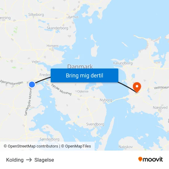 Kolding to Slagelse map