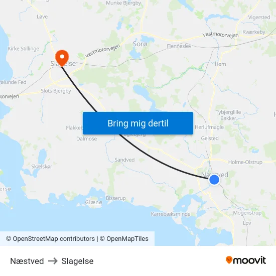 Næstved to Slagelse map