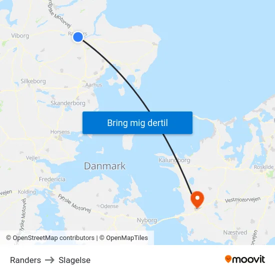 Randers to Slagelse map