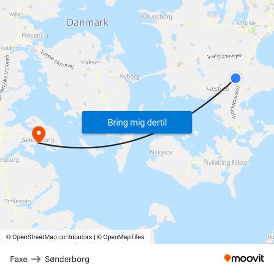 Faxe to Sønderborg map