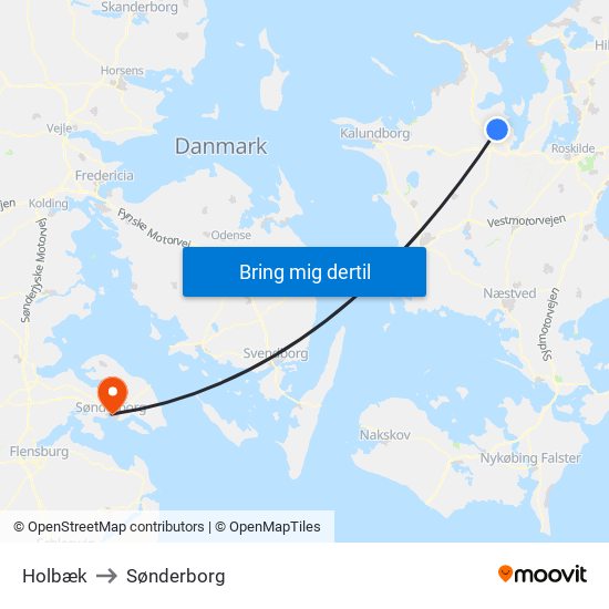 Holbæk to Sønderborg map