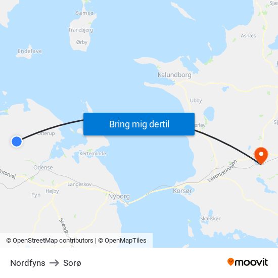 Nordfyns to Sorø map