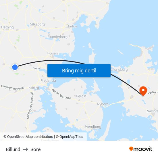 Billund to Sorø map