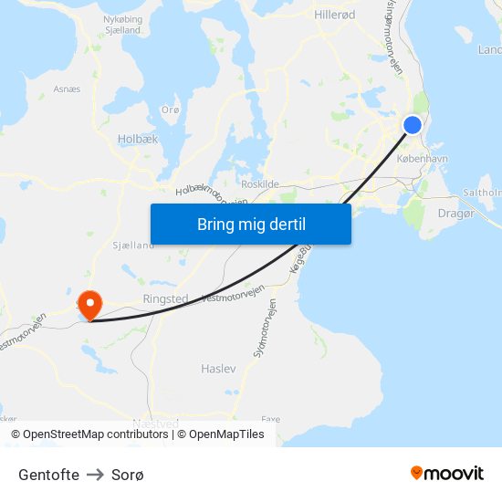Gentofte to Sorø map