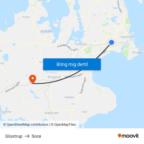 Glostrup to Sorø map