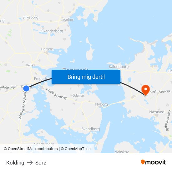 Kolding to Sorø map