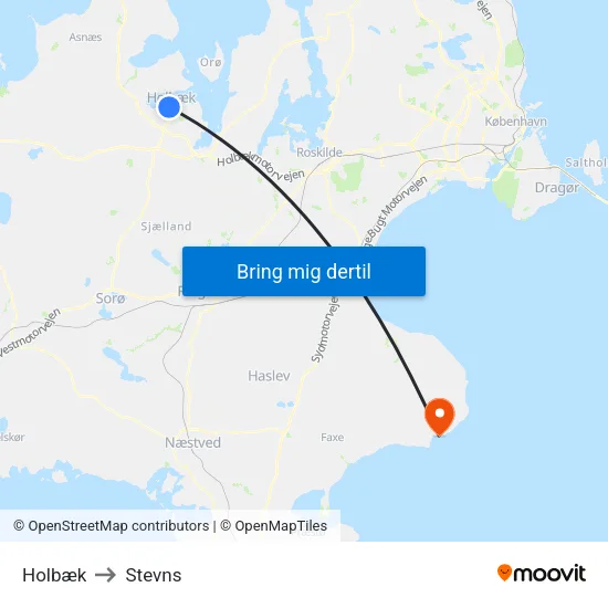 Holbæk to Stevns map