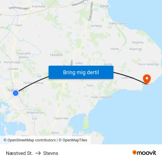 Næstved St. to Stevns map