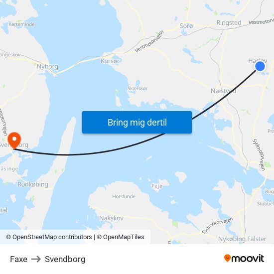 Faxe to Svendborg map