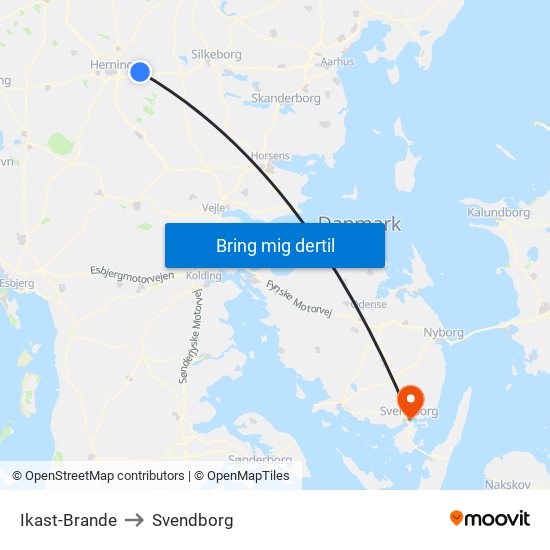 Ikast-Brande to Svendborg map