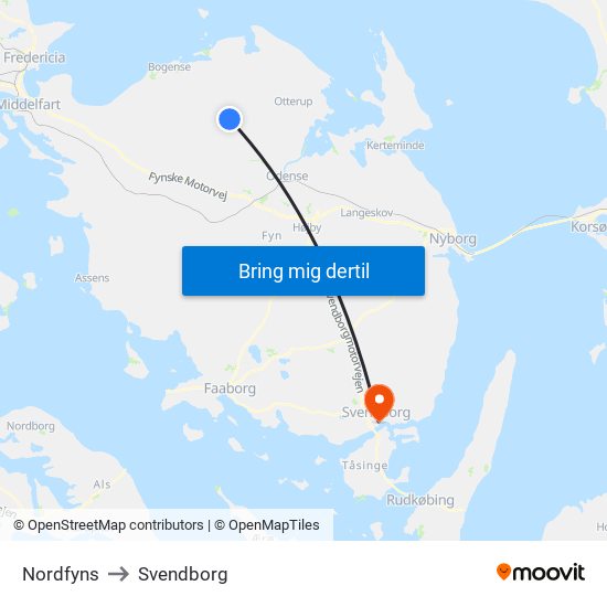 Nordfyns to Svendborg map