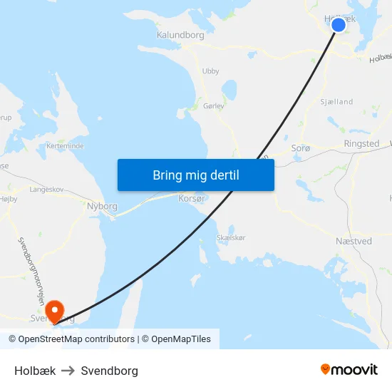 Holbæk to Svendborg map