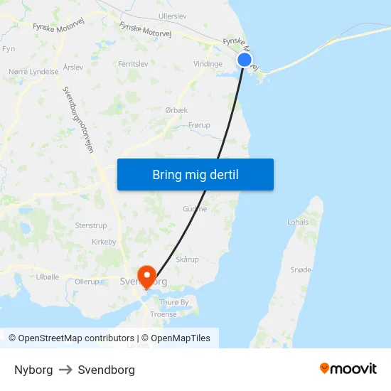 Nyborg to Svendborg map