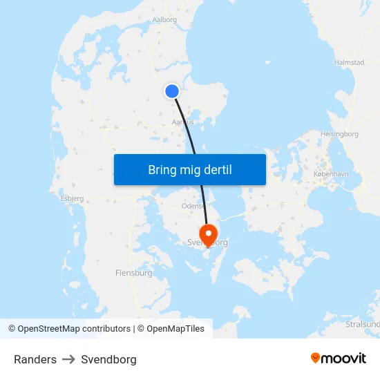 Randers to Svendborg map