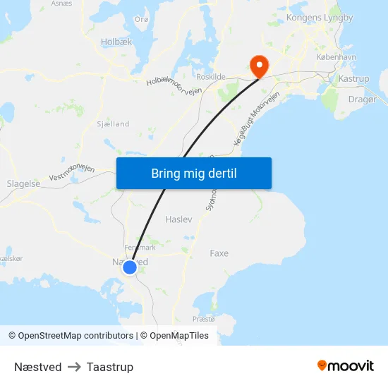 Næstved to Taastrup map