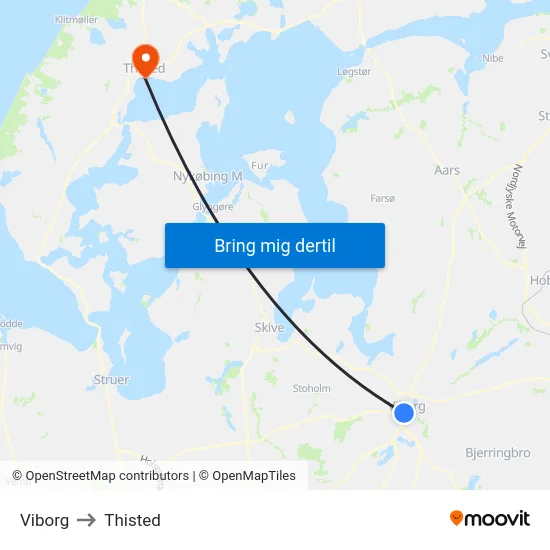 Viborg to Thisted map