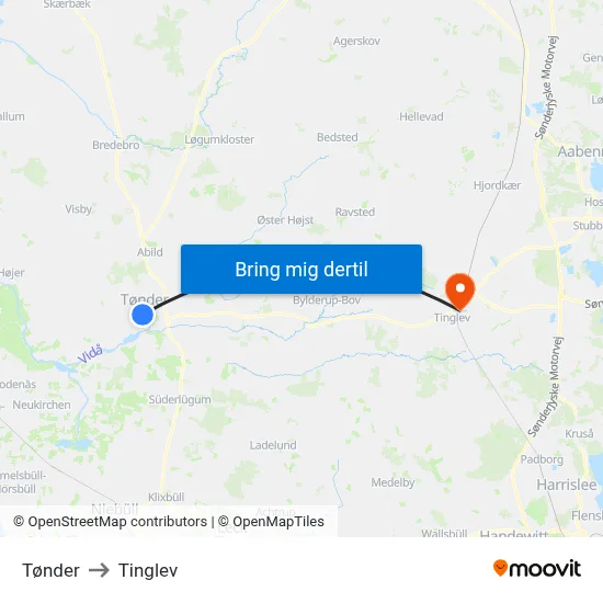 Tønder to Tinglev map