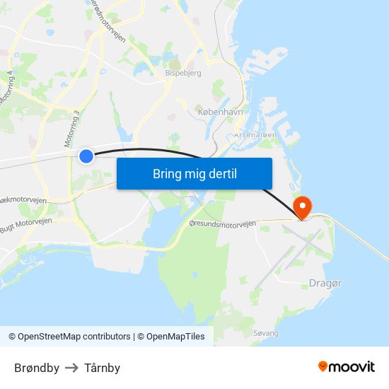 Brøndby to Tårnby map