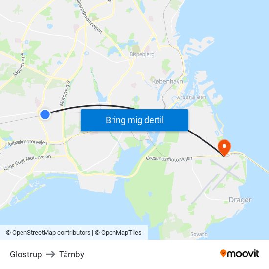 Glostrup to Tårnby map