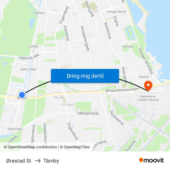 Ørestad St. to Tårnby map