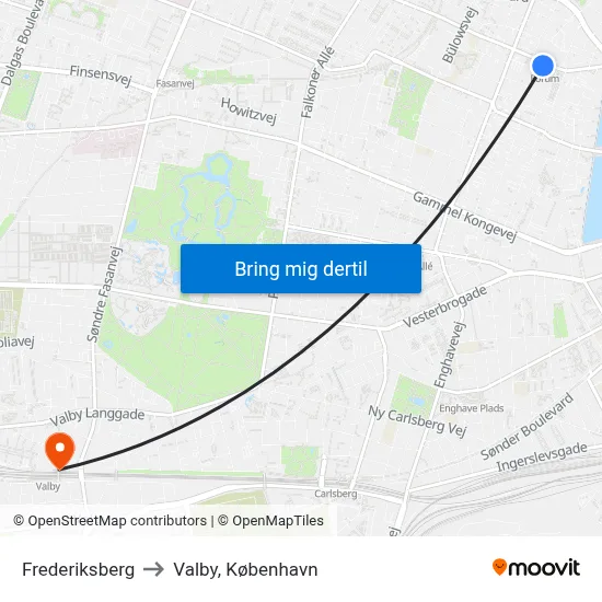 Frederiksberg to Valby, København map