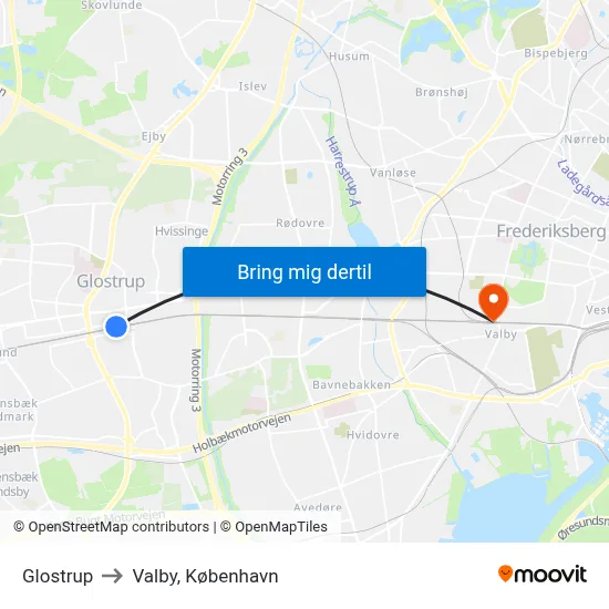 Glostrup to Valby, København map