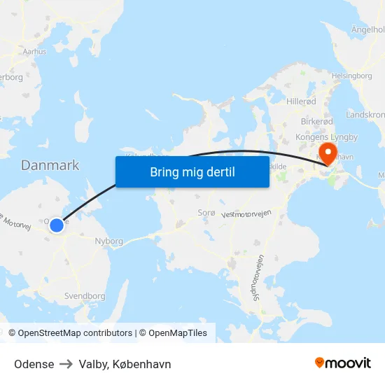Odense to Valby, København map