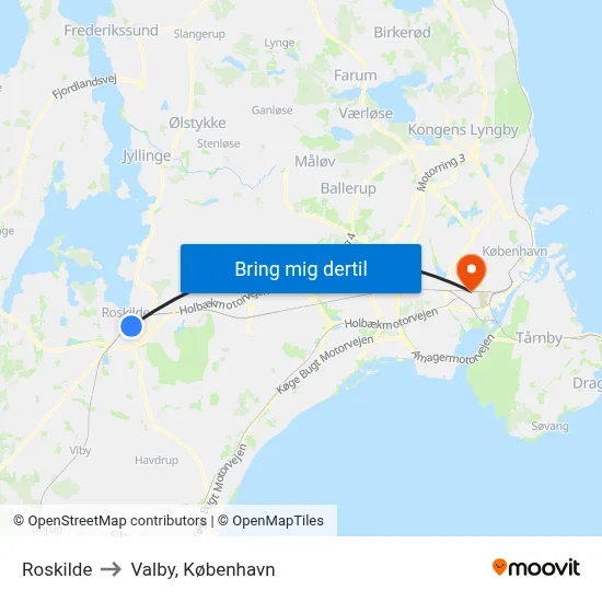 Roskilde to Valby, København map