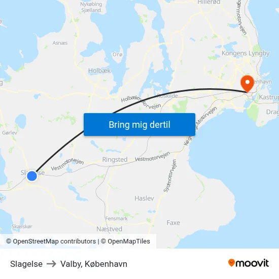 Slagelse to Valby, København map