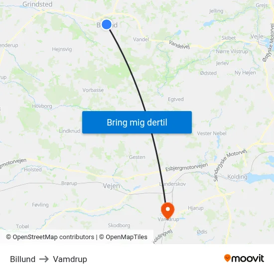Billund to Vamdrup map