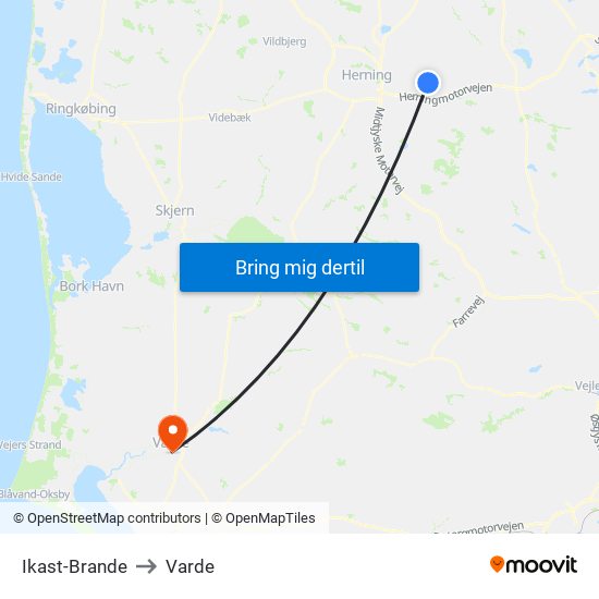 Ikast-Brande to Varde map