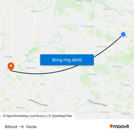 Billund to Varde map