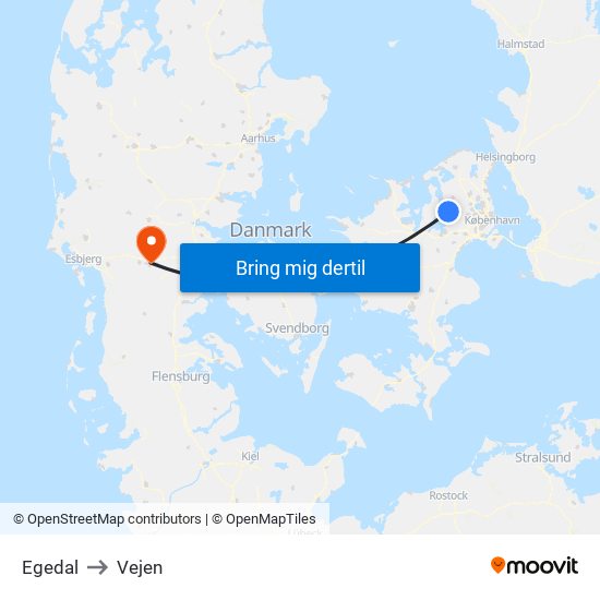 Egedal to Vejen map