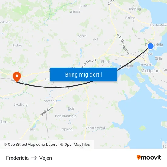 Fredericia to Vejen map