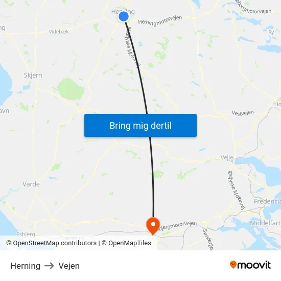 Herning to Vejen map