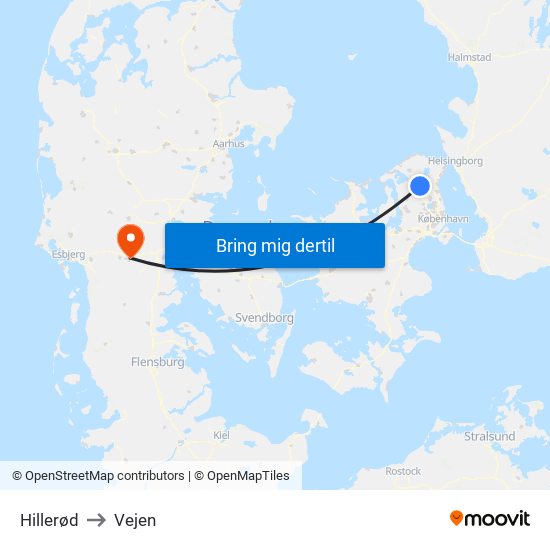 Hillerød to Vejen map