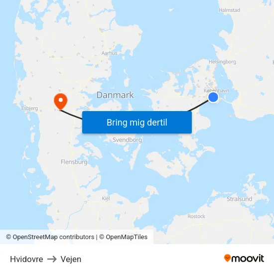 Hvidovre to Vejen map